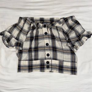 Plaid off the shoulder button top